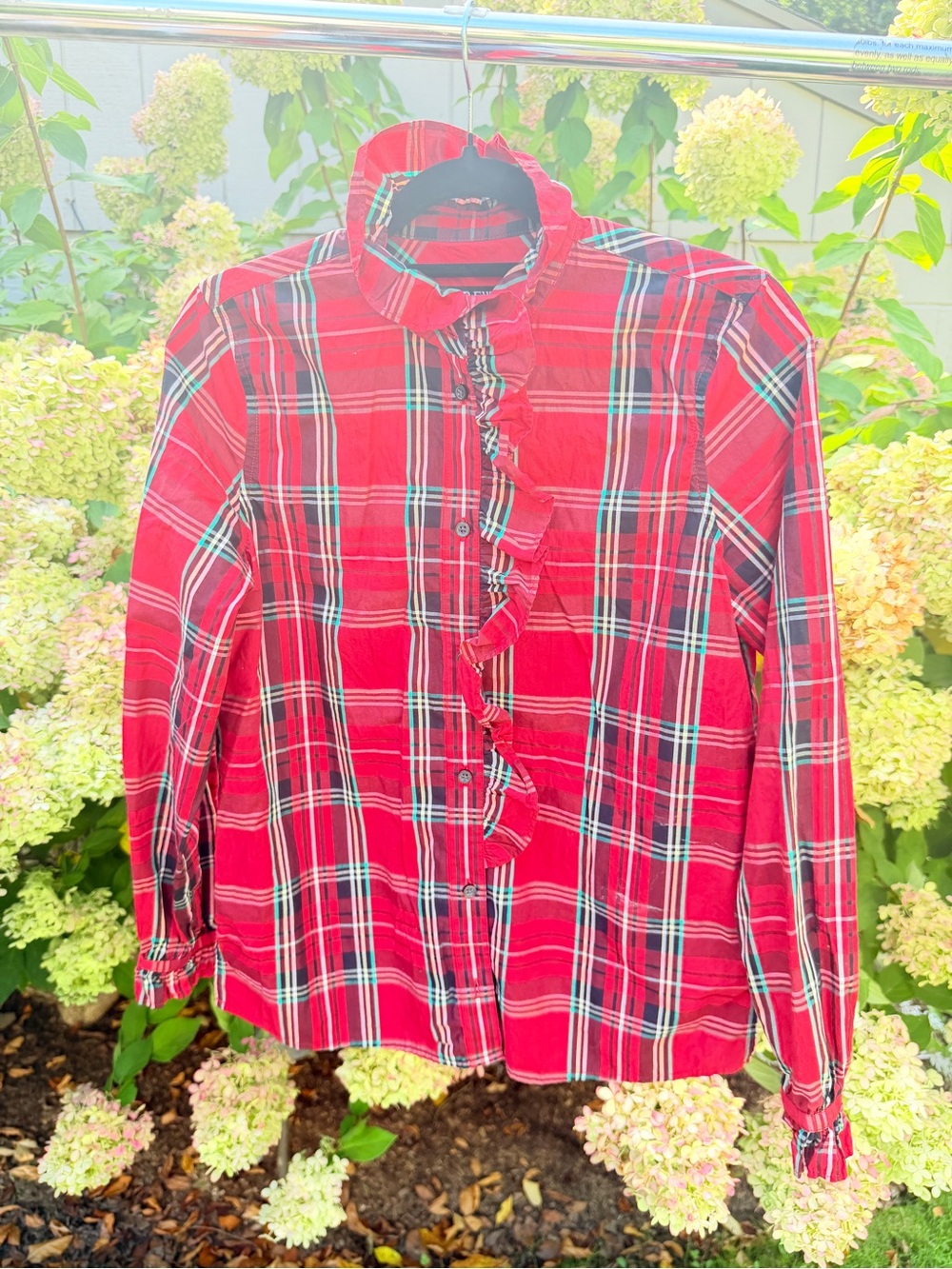 J. Crew Red Plaid Ruffle Front Button-Down Shirt